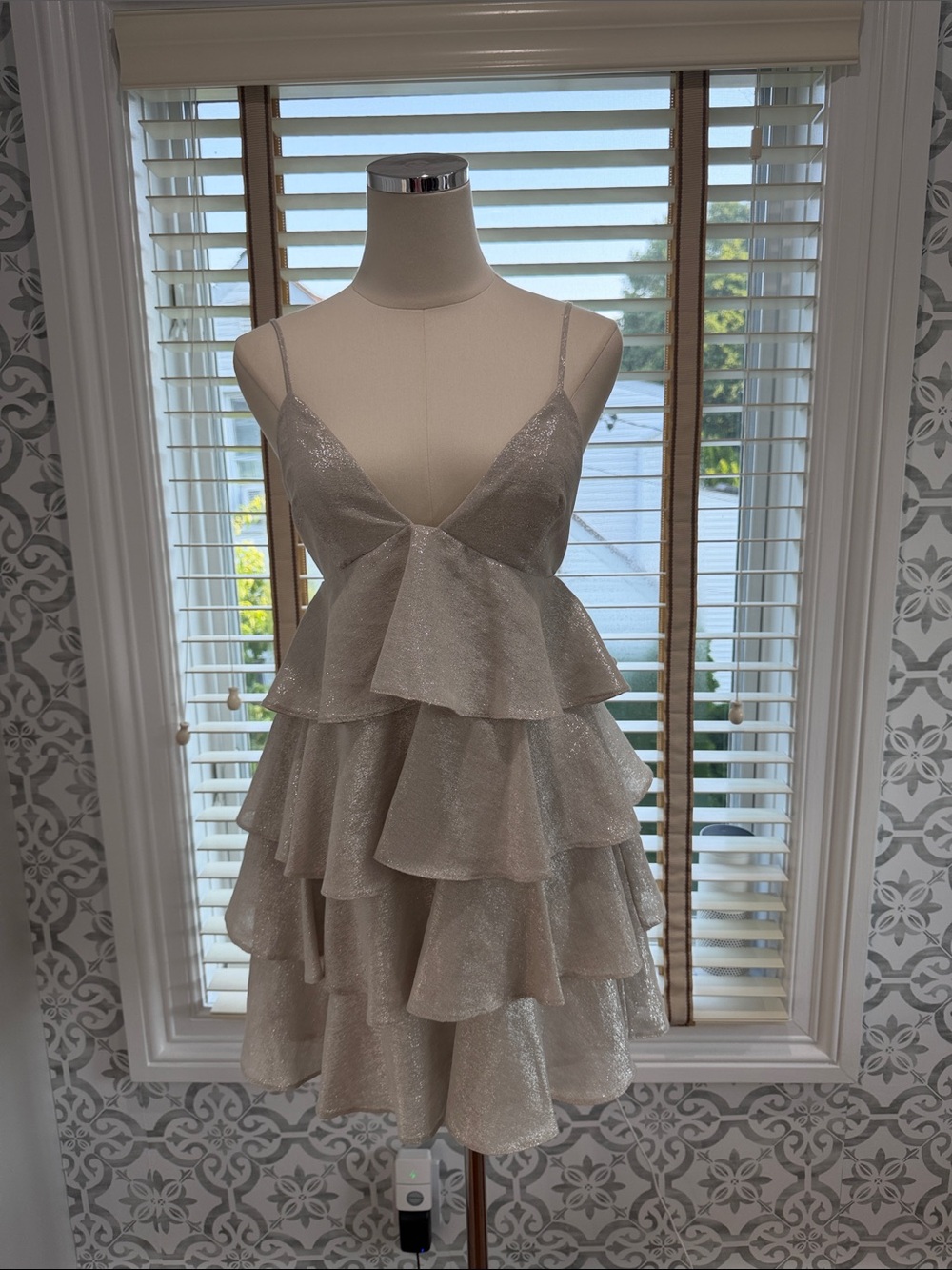Zara Tiered Silver Glitter Spaghetti Strap Ruffle Mini Dress Size XS